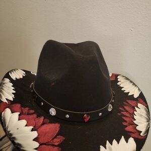 Black Floral Cowboy Hat with Gem Accents